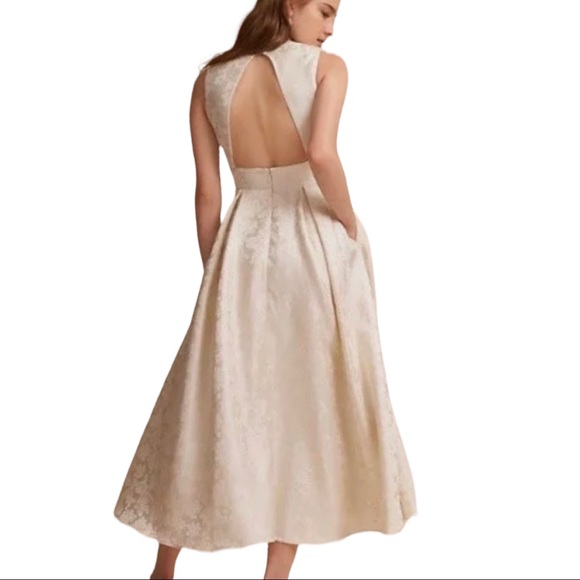 SAU x BHLDN Aria 2 / XS Ivory Jacquard V-neck A-line Silky Midi Wedding Dress - Picture 7 of 10